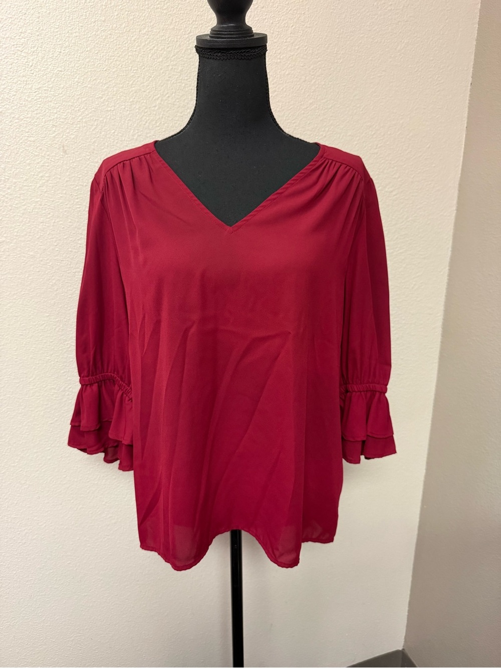 CeCe Burgundy Red Blouse Women’s Large 3/4 Sleeve Draped Neck Career Top - Picture 2 of 8